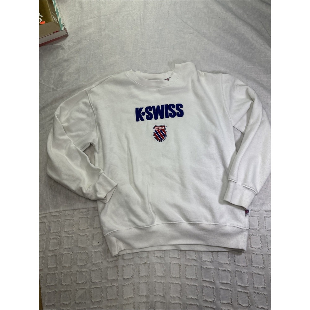 K-Swiss Mens White Crew Neck Sweatshirt Embroidered Logo Pullover Large Retro